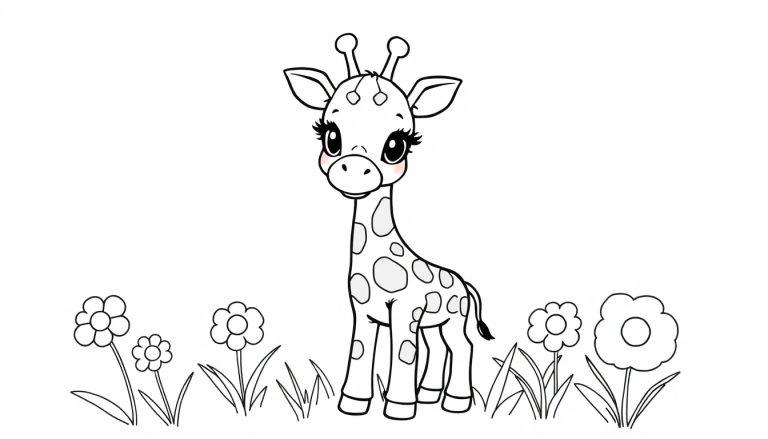 Eine niedliche, schwarz-weiße Cartoon-Giraffe steht auf einer Blumenwiese, bereit zum Ausmalen als Farbtafel.