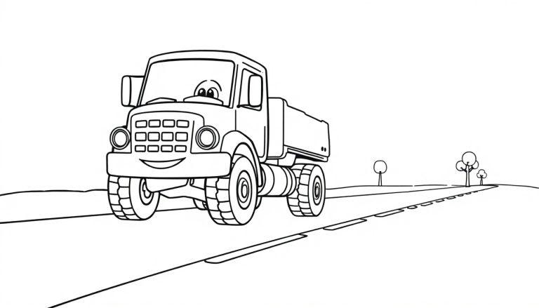 Eine Schwarz-Weiß-Farbtafel eines freundlichen Cartoon-Lastwagens auf einer Straße mit kleinen Hügeln und Bäumen am Horizont.