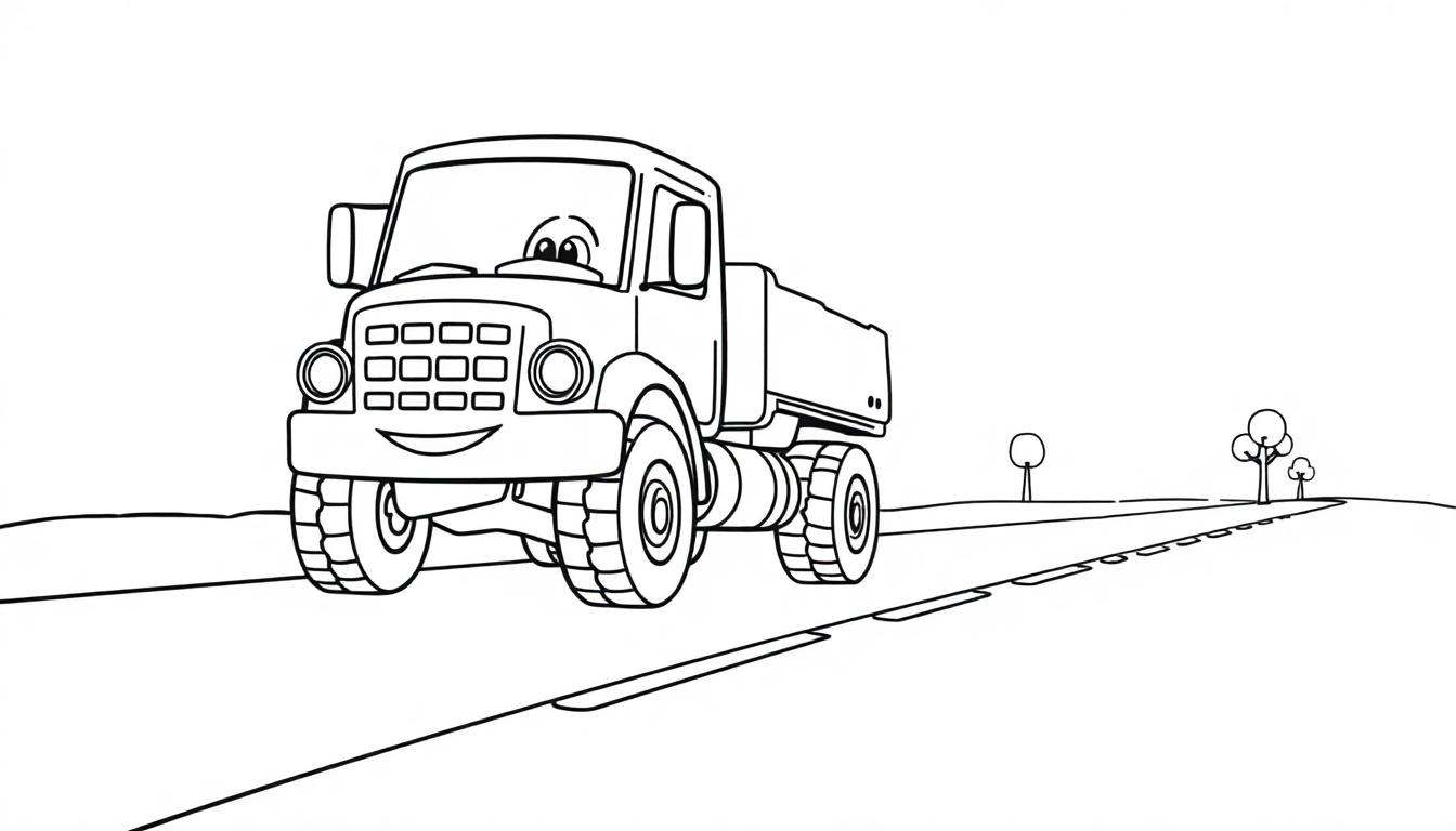 Eine Schwarz-Weiß-Farbtafel eines freundlichen Cartoon-Lastwagens auf einer Straße mit kleinen Hügeln und Bäumen am Horizont.