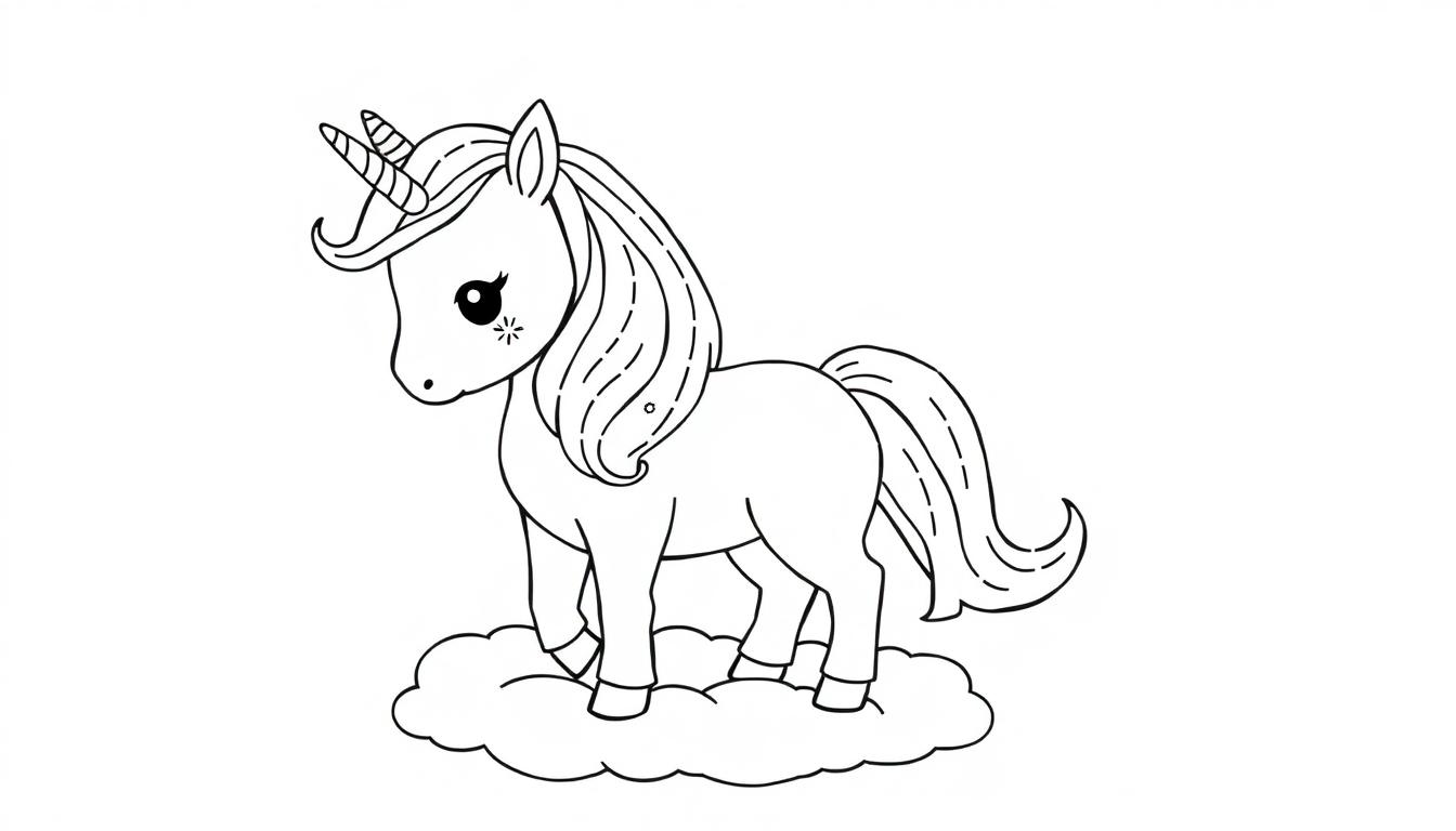 Kawaii Einhorn Farbtafel auf einer Wolke.