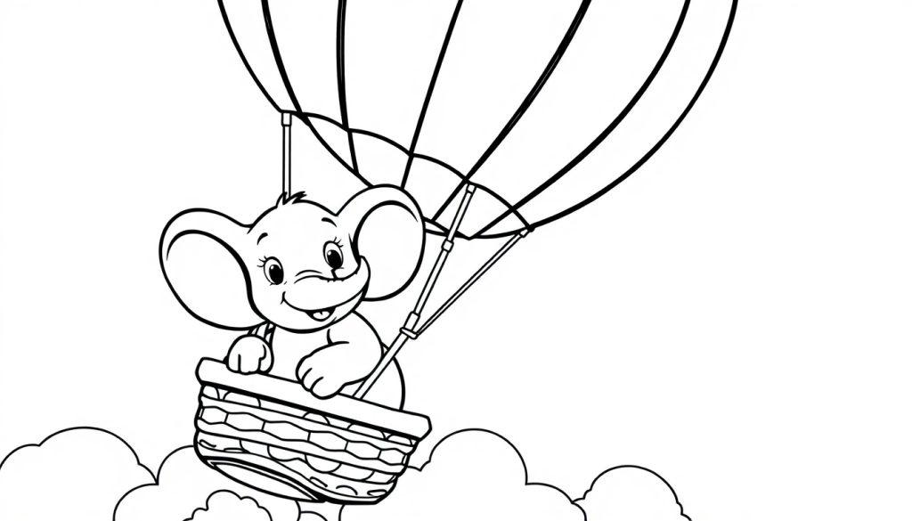 Schwarz-weiße Farbtafel eines niedlichen Elefanten in einem Heißluftballon mit Wolken.