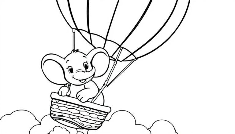 Schwarz-weiße Farbtafel eines niedlichen Elefanten in einem Heißluftballon mit Wolken.