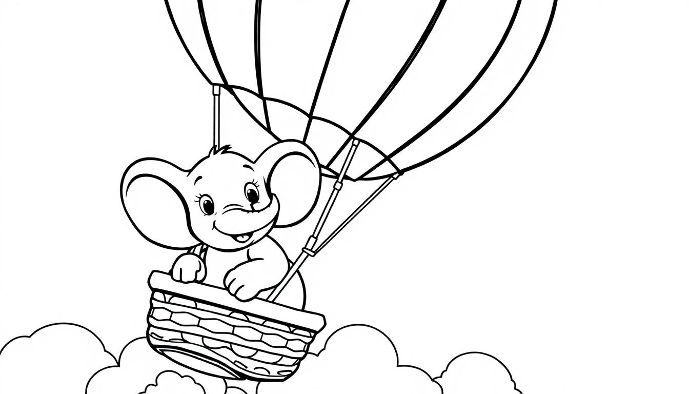 Schwarz-weiße Farbtafel eines niedlichen Elefanten in einem Heißluftballon mit Wolken.
