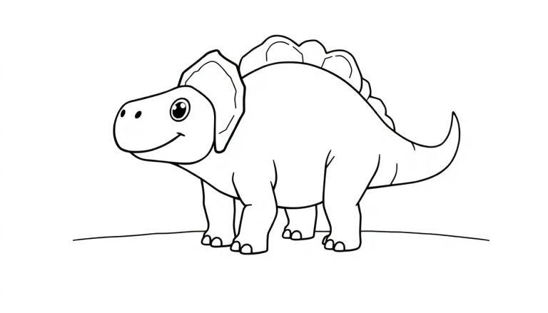 Schwarz-weiße Farbtafel eines niedlichen Dinosauriers mit Knochenpanzer, der zum Ausmalen bereit ist.
