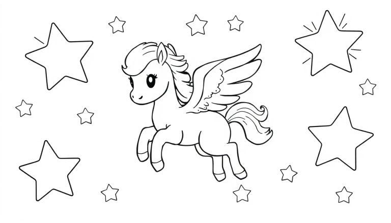 Schwarz-Weiß-Farbtafel eines Cartoon-Pegasus mit funkelnden Sternen im Hintergrund.