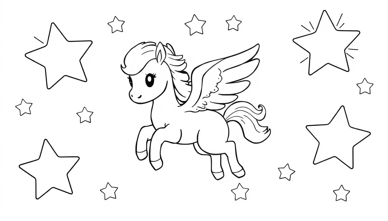 Schwarz-Weiß-Farbtafel eines Cartoon-Pegasus mit funkelnden Sternen im Hintergrund.