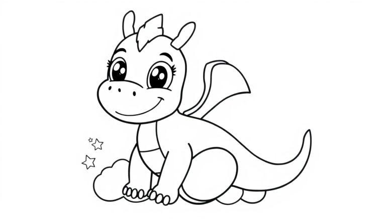 Ein Cartoon-Drache zum Ausmalen, der auf einer Wolke sitzt.