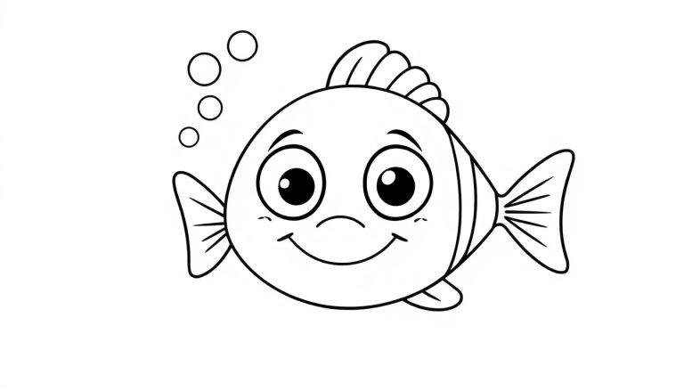 Eine schwarz-weiße Farbtafel eines fröhlichen Cartoon-Fisches mit großen Augen und aufsteigenden Blasen.