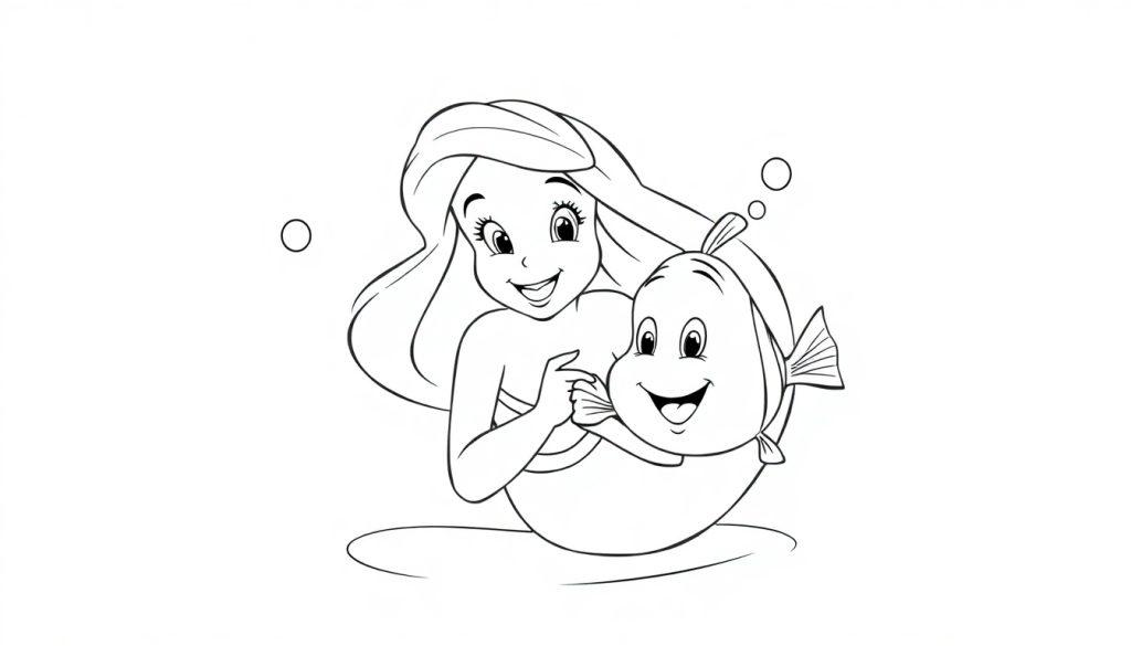 Ariel mit Flounder, eine schwarz-weisse Farbtafel-Zeichnung.