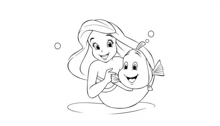 Ariel mit Flounder, eine schwarz-weisse Farbtafel-Zeichnung.
