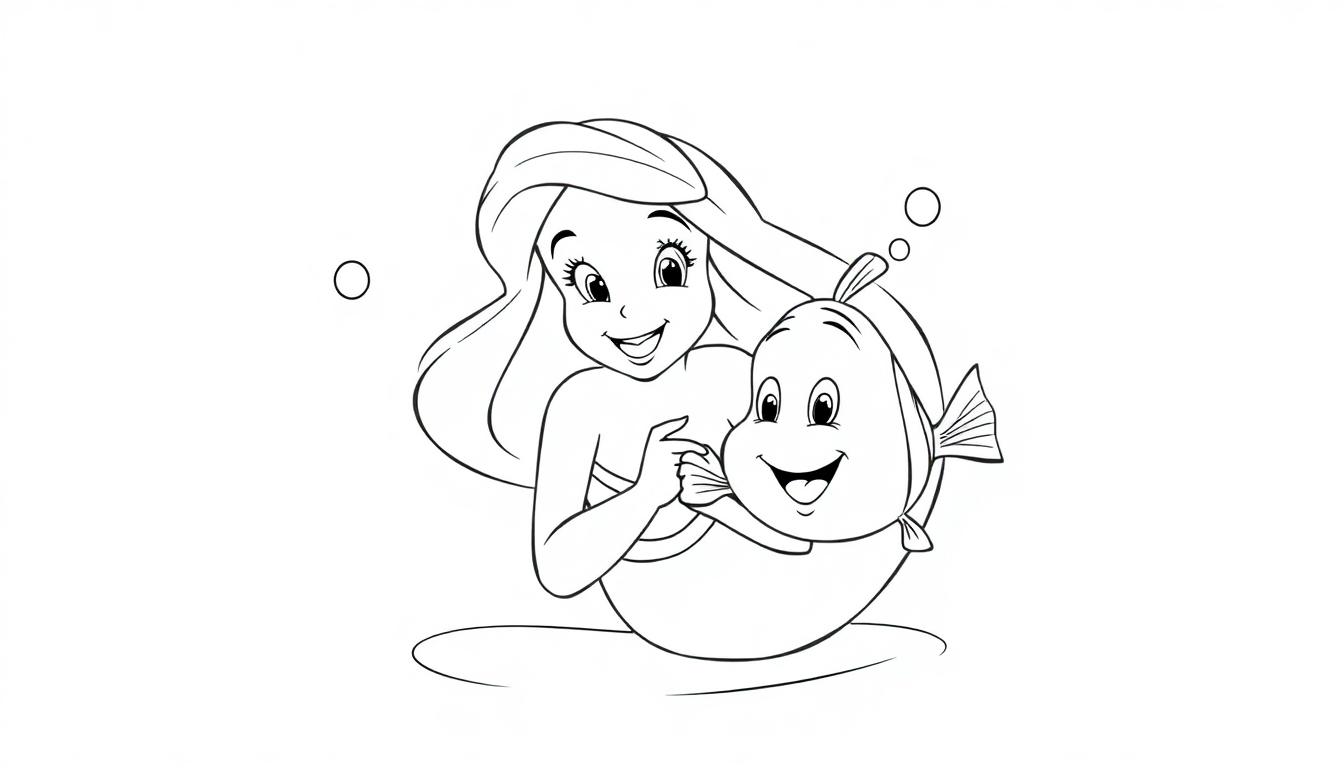 Ariel mit Flounder, eine schwarz-weisse Farbtafel-Zeichnung.
