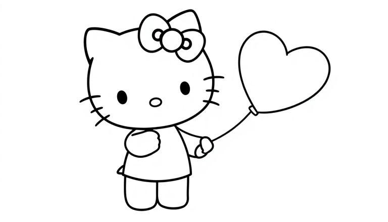 Schwarz-weiße Farbtafel von Hello Kitty mit einem Herzballon.