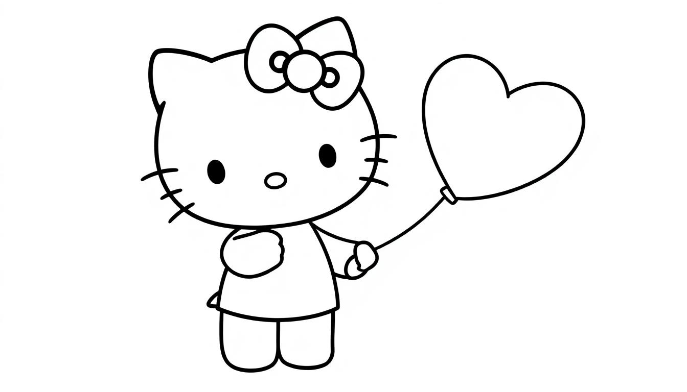 Schwarz-weiße Farbtafel von Hello Kitty mit einem Herzballon.