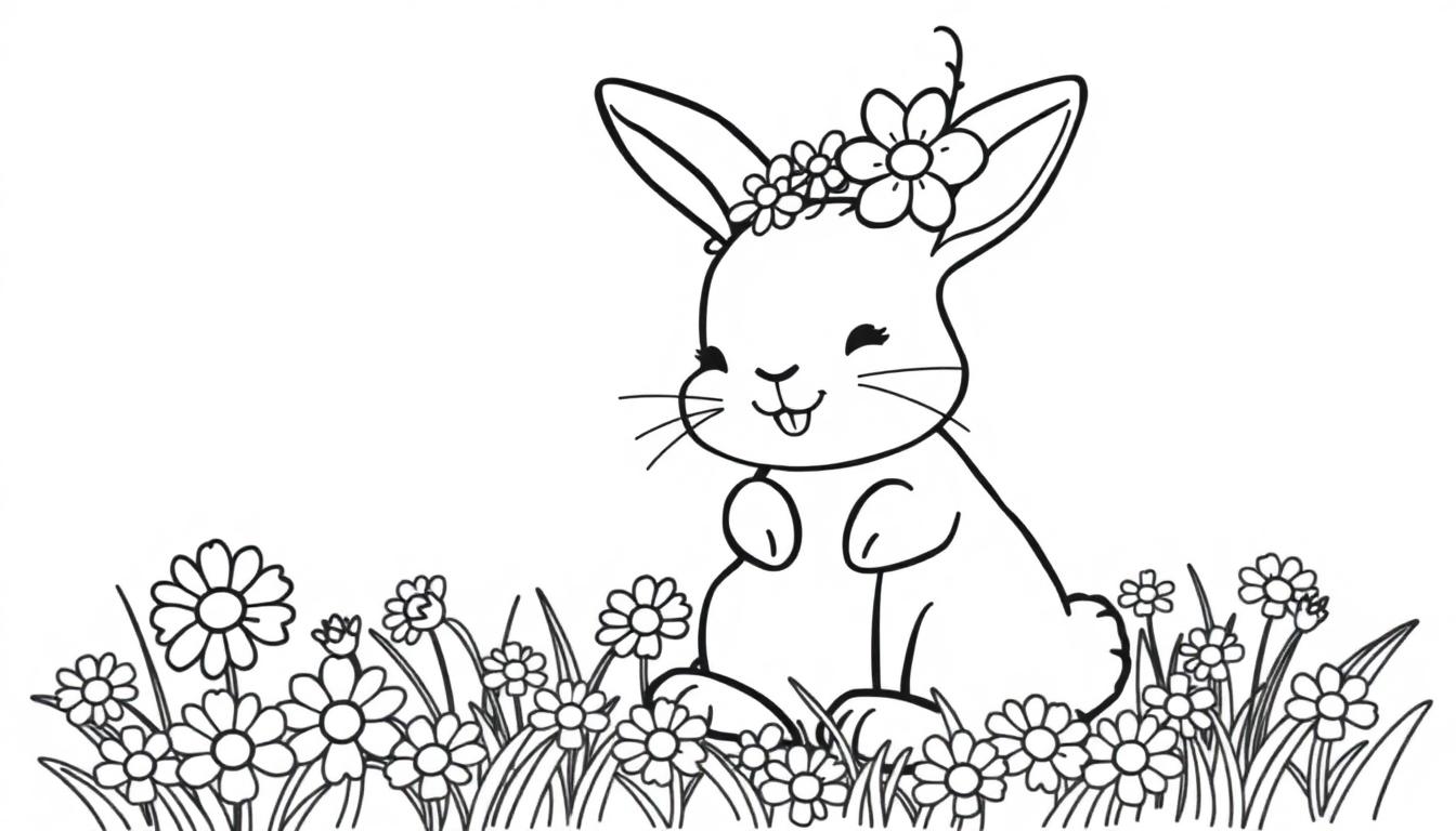 Eine Schwarz-Weiß-Farbtafel-Zeichnung eines süßen Hasen mit einem Blumenkranz im Fell, der fröhlich im Gras sitzt. Perfekt zum Ausmalen!