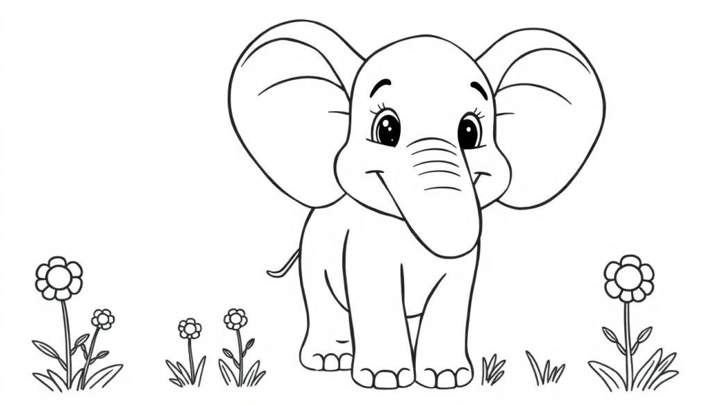 Ein freundlicher Cartoon-Elefant mit großen Ohren und einem Lächeln, umgeben von kleinen Blumen, als Schwarz-Weiß-Farbtafel.