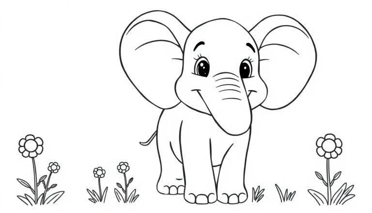 Ein freundlicher Cartoon-Elefant mit großen Ohren und einem Lächeln, umgeben von kleinen Blumen, als Schwarz-Weiß-Farbtafel.
