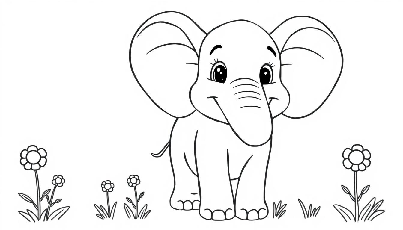 Ein freundlicher Cartoon-Elefant mit großen Ohren und einem Lächeln, umgeben von kleinen Blumen, als Schwarz-Weiß-Farbtafel.