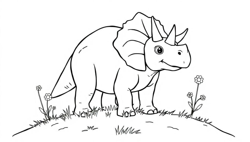 Eine liebenswerte Farbtafel eines Triceratops, bereit zum Ausmalen.