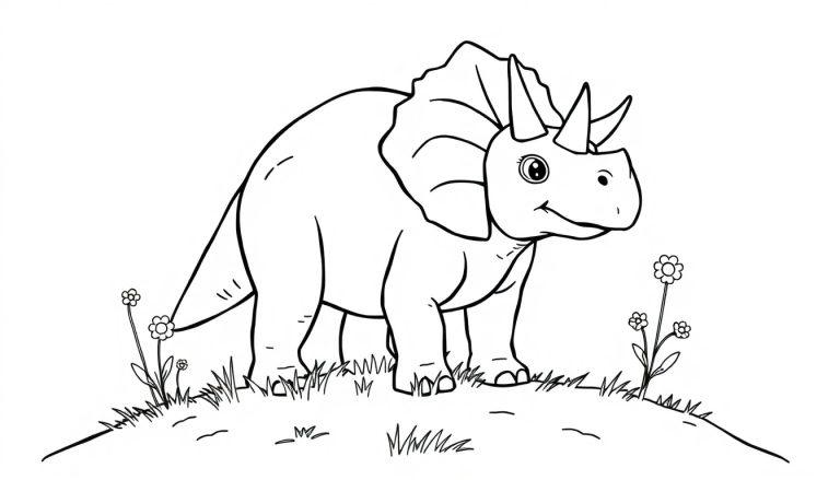 Eine liebenswerte Farbtafel eines Triceratops, bereit zum Ausmalen.