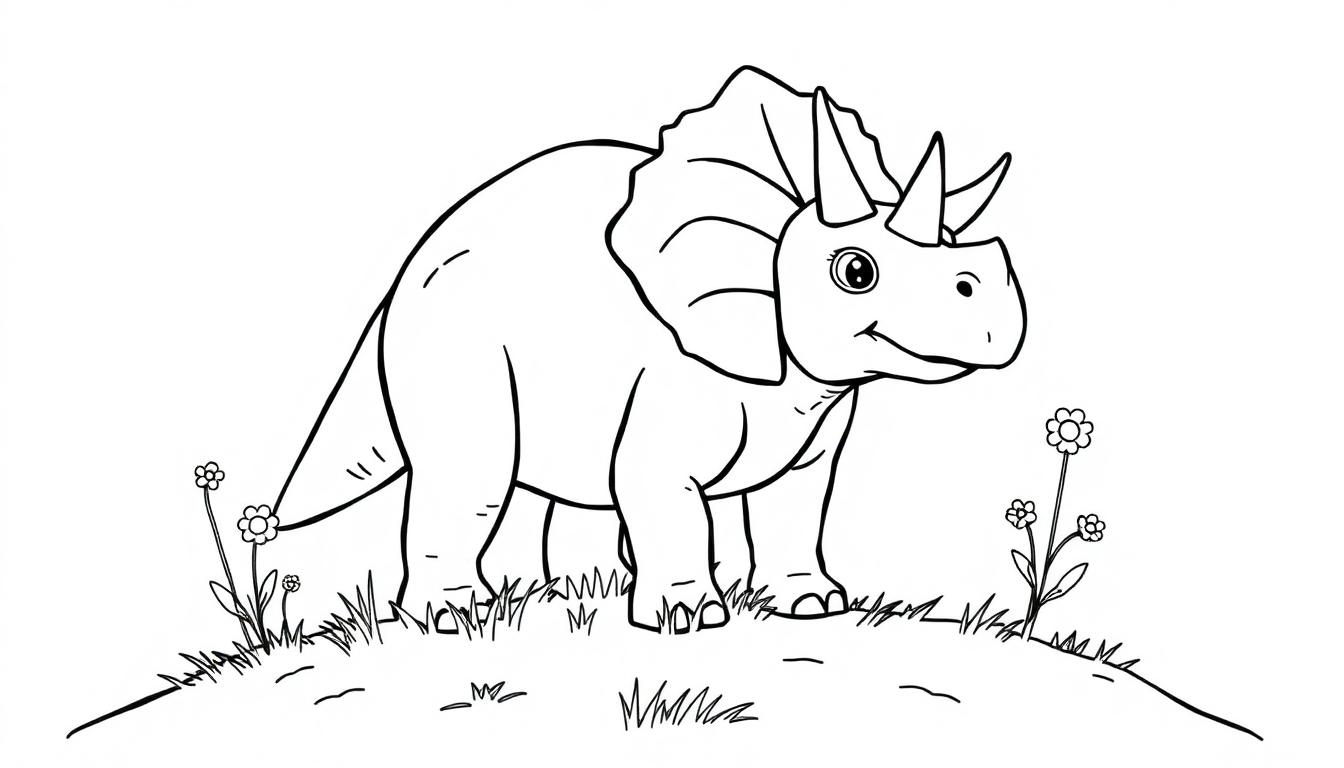 Eine liebenswerte Farbtafel eines Triceratops, bereit zum Ausmalen.