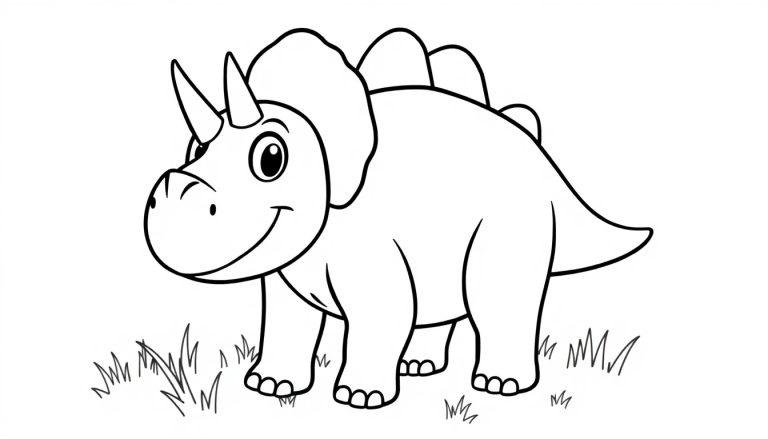 Eine Schwarz-Weiß-Farbtafel eines freundlichen Cartoon-Triceratops mit Hörnern und Halskragen.