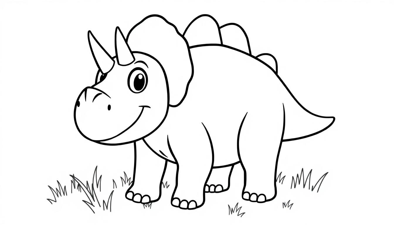 Eine Schwarz-Weiß-Farbtafel eines freundlichen Cartoon-Triceratops mit Hörnern und Halskragen.