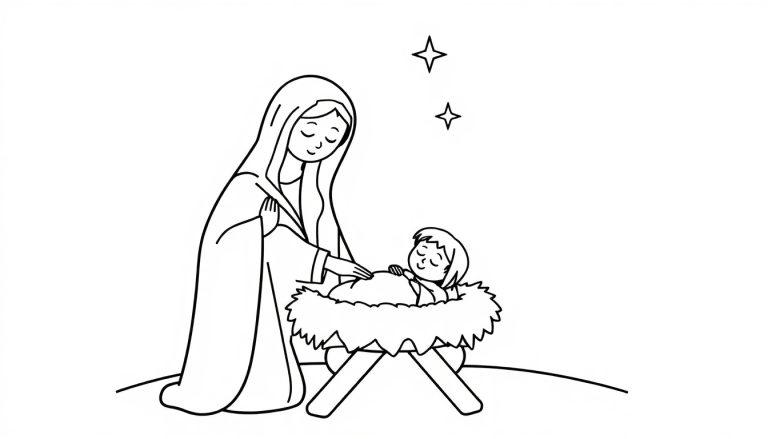 Eine niedliche Farbtafel-Krippe mit Maria, die über das Jesuskind wacht.
