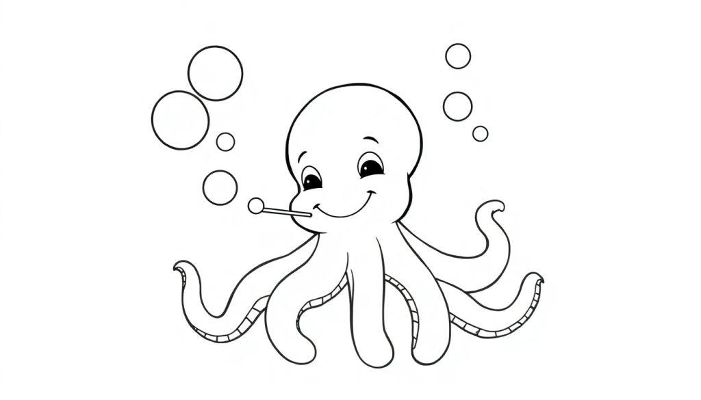 Schwarz-weiße Farbtafel eines lächelnden Oktopus-Babys mit seinen acht Tentakeln und einem lutscherähnlichen Objekt im Mund, umgeben von Blasen im Wasser.