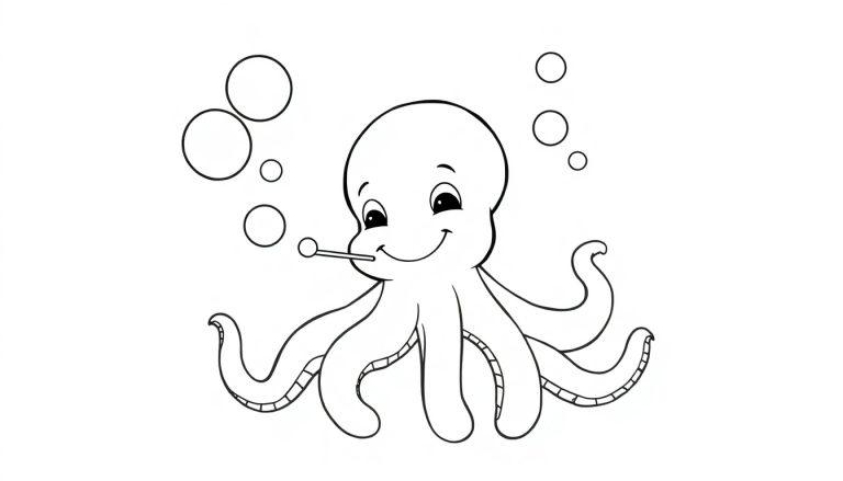 Schwarz-weiße Farbtafel eines lächelnden Oktopus-Babys mit seinen acht Tentakeln und einem lutscherähnlichen Objekt im Mund, umgeben von Blasen im Wasser.