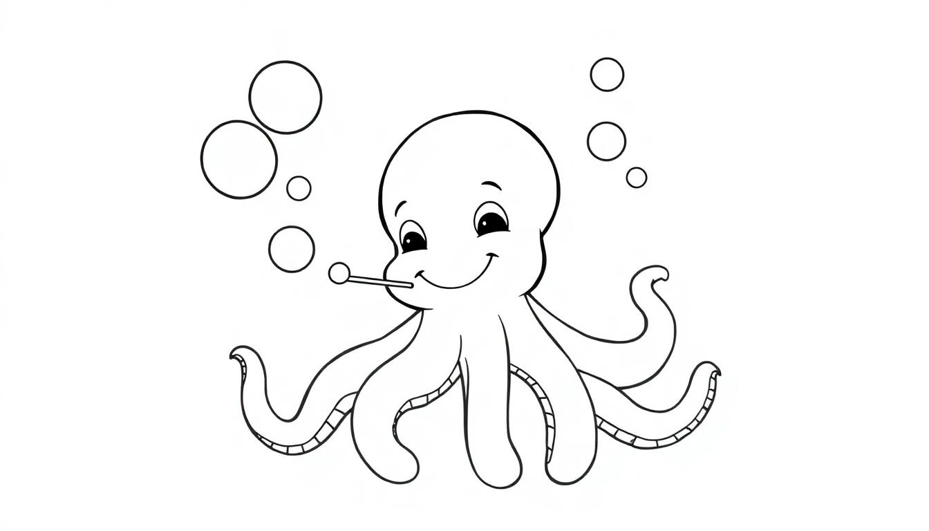 Schwarz-weiße Farbtafel eines lächelnden Oktopus-Babys mit seinen acht Tentakeln und einem lutscherähnlichen Objekt im Mund, umgeben von Blasen im Wasser.