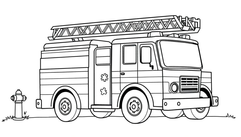 Schwarz-weiße Farbtafel eines großen Feuerwehrautos mit ausgefahrener Leiter und einem Hydranten auf der linken Seite, bereit zum Einsatz.