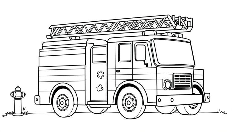 Schwarz-weiße Farbtafel eines großen Feuerwehrautos mit ausgefahrener Leiter und einem Hydranten auf der linken Seite, bereit zum Einsatz.