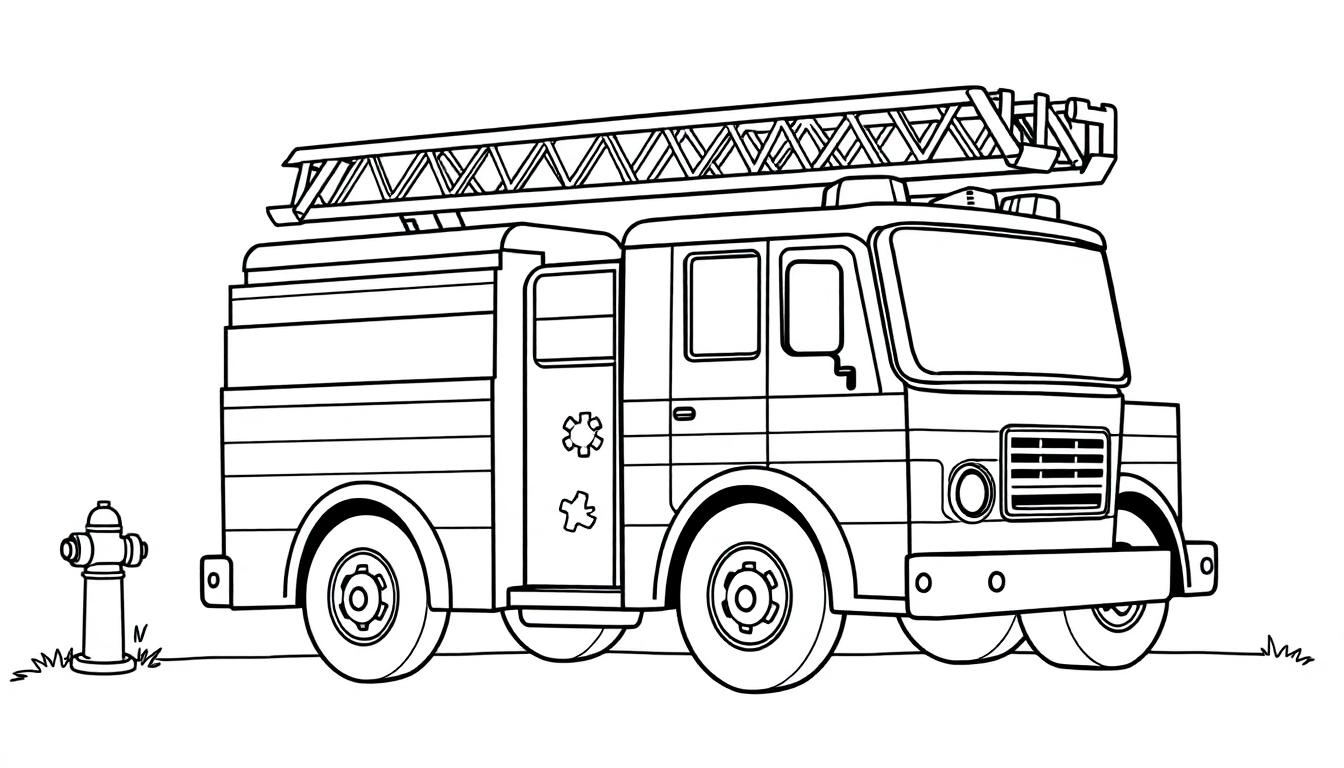 Schwarz-weiße Farbtafel eines großen Feuerwehrautos mit ausgefahrener Leiter und einem Hydranten auf der linken Seite, bereit zum Einsatz.