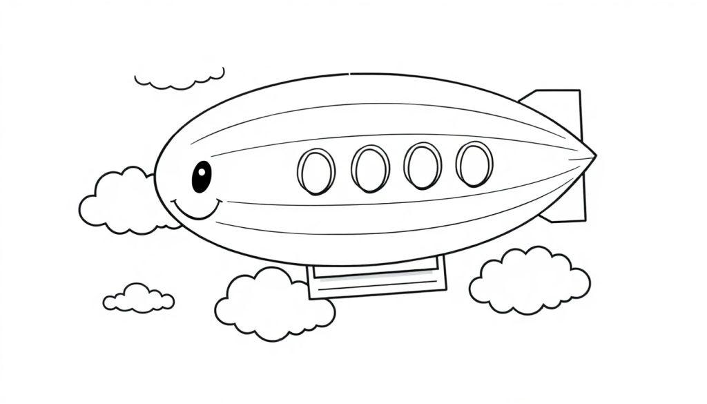 Ein niedlicher schwarz-weißer Zeppelin mit einem freundlichen Gesicht als Farbtafel.