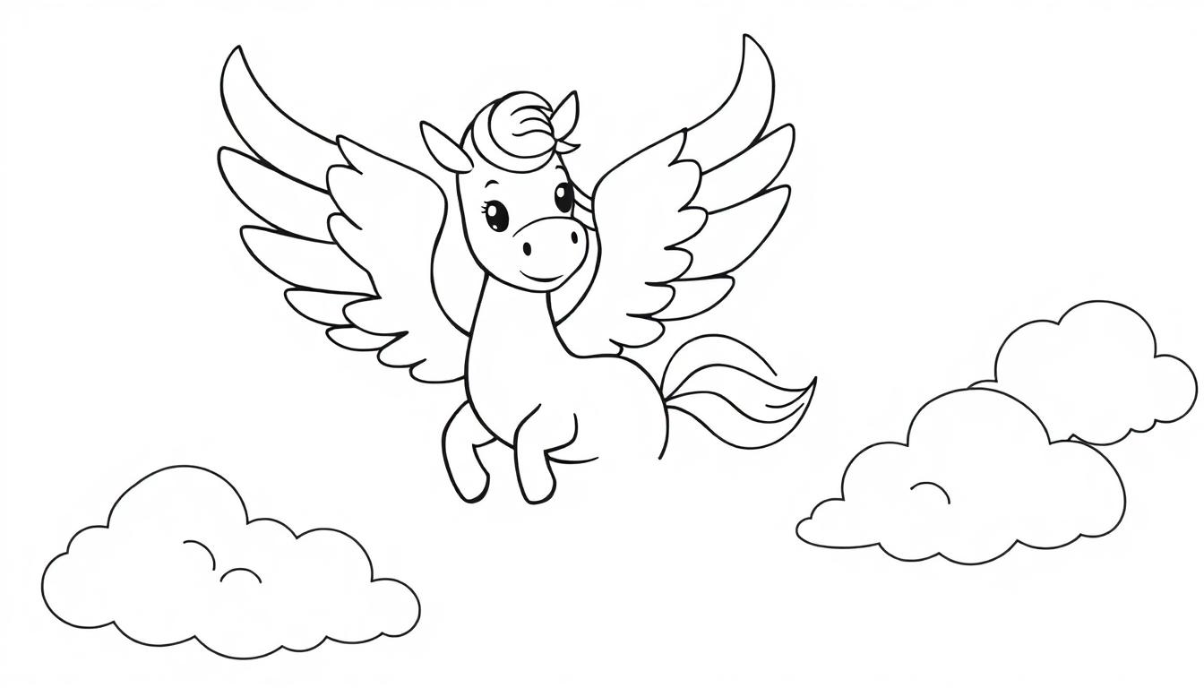 Schwarz-weißer Cartoon-Pegasus mit großen Flügeln schwebt zwischen stilisierten Wolken.