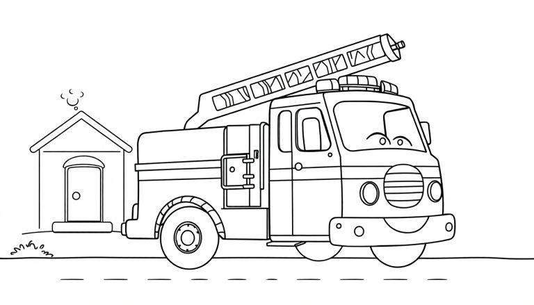 Eine Schwarz-Weiß-Farbtafel-Umrisszeichnung eines Cartoon-Feuerwehrautos mit Augen und einem lächelnden Mund, das vor einem kleinen Haus mit einem Rauchwölkchen aus dem Schornstein steht.