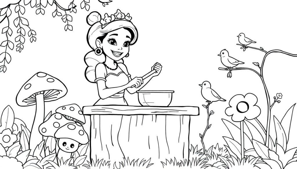 Prinzessin Tiana rührt in einer Schüssel vor einem Brunnen, Farbtafel für Kinder.