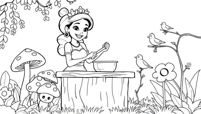 Prinzessin Tiana rührt in einer Schüssel vor einem Brunnen, Farbtafel für Kinder.