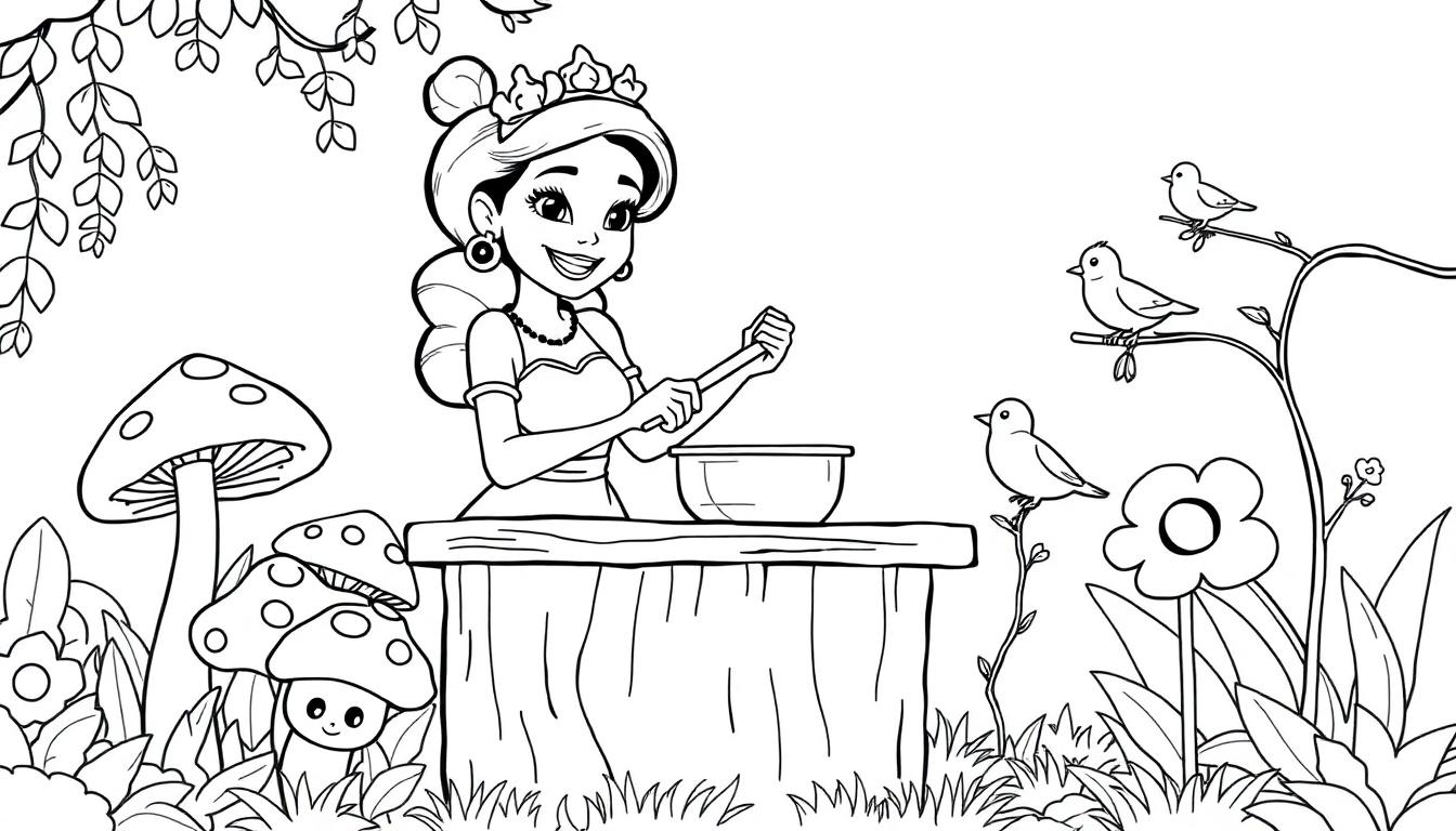 Prinzessin Tiana rührt in einer Schüssel vor einem Brunnen, Farbtafel für Kinder.