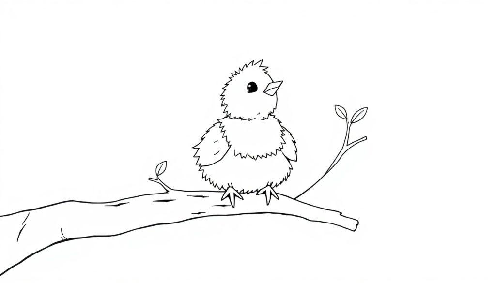 Eine schwarz-weiße Farbtafel eines flauschigen Vogels, der auf einem Ast sitzt und singt.