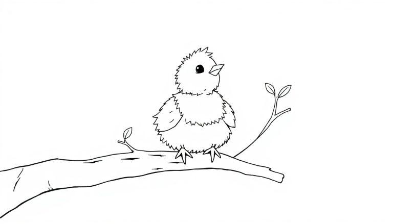 Eine schwarz-weiße Farbtafel eines flauschigen Vogels, der auf einem Ast sitzt und singt.
