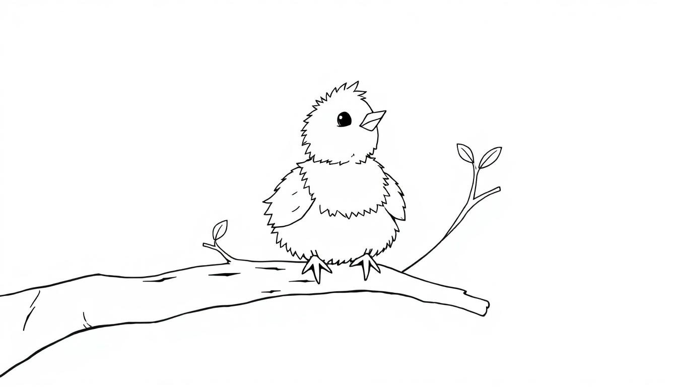 Eine schwarz-weiße Farbtafel eines flauschigen Vogels, der auf einem Ast sitzt und singt.