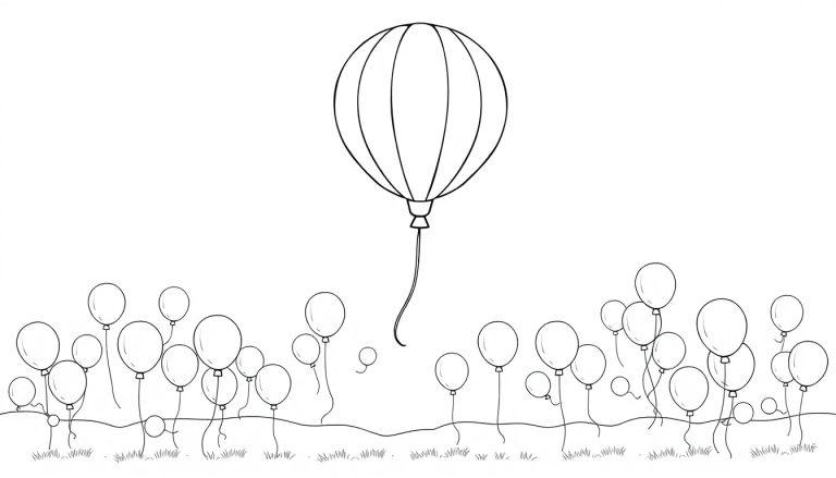 Schwarz-weiße Farbtafel einer Wiese voller Ballons, ein großer Ballon im Himmel.