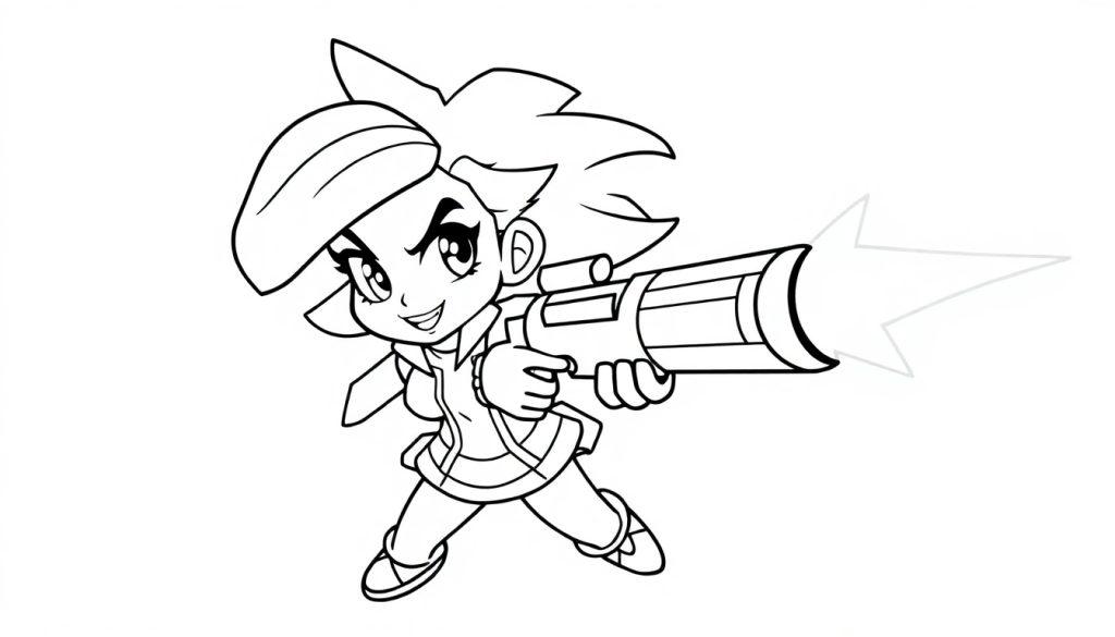 Eine junge Cartoon-Heldin mit einer großen futuristischen Waffe, bereit für Action, als eine Farbtafel zum Ausmalen.