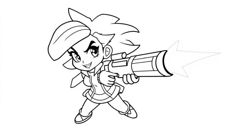 Eine junge Cartoon-Heldin mit einer großen futuristischen Waffe, bereit für Action, als eine Farbtafel zum Ausmalen.