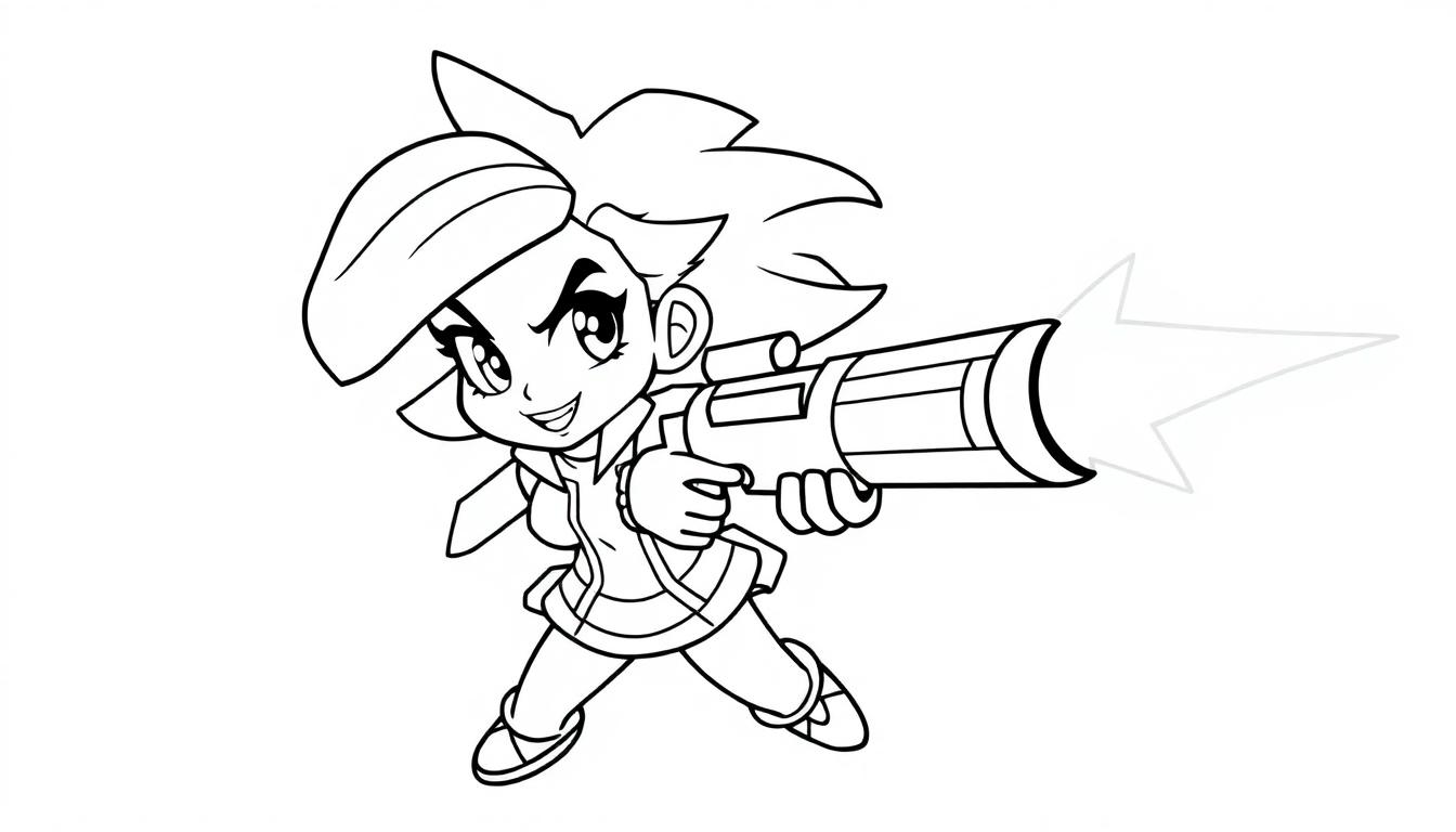 Eine junge Cartoon-Heldin mit einer großen futuristischen Waffe, bereit für Action, als eine Farbtafel zum Ausmalen.