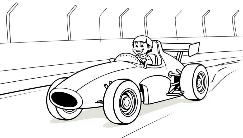 Schwarz-Weiß-Farbtafel eines Cartoon-Rennwagens mit einem glücklichen Fahrer.