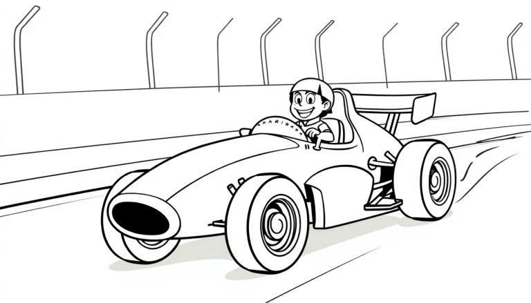 Schwarz-Weiß-Farbtafel eines Cartoon-Rennwagens mit einem glücklichen Fahrer.