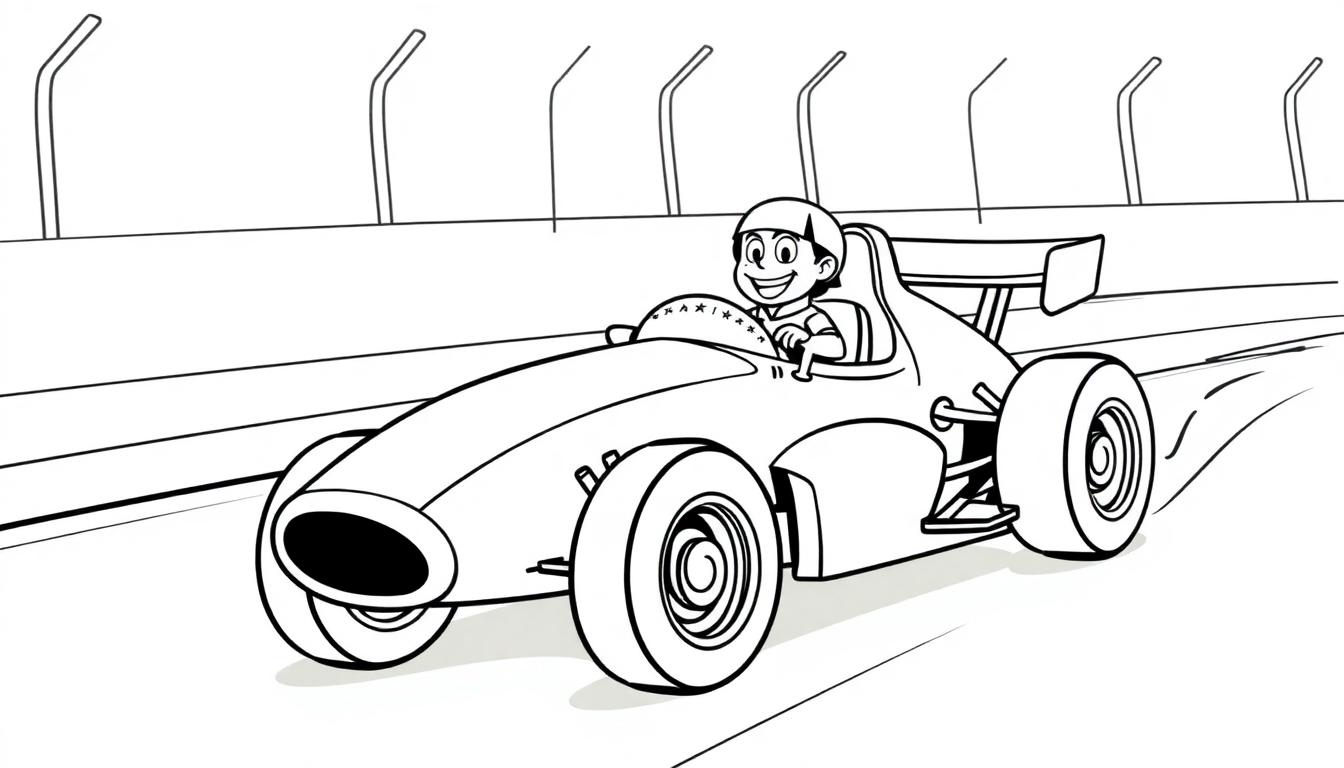 Schwarz-Weiß-Farbtafel eines Cartoon-Rennwagens mit einem glücklichen Fahrer.