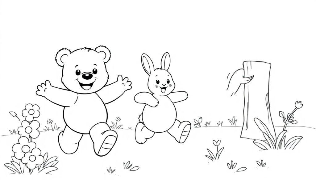 Schwarz-weiße Farbtafel eines Teddybären und eines Hasen, die fröhlich im Freien laufen.